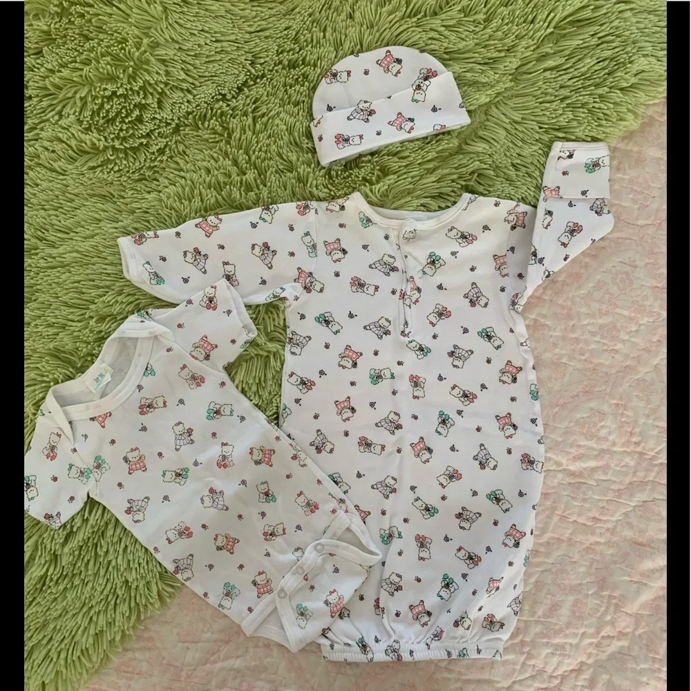 VTG Miniwear Sleeping Gown Sack 1 Piece Hat  Bears 3 PC Set Pajama White Newborn